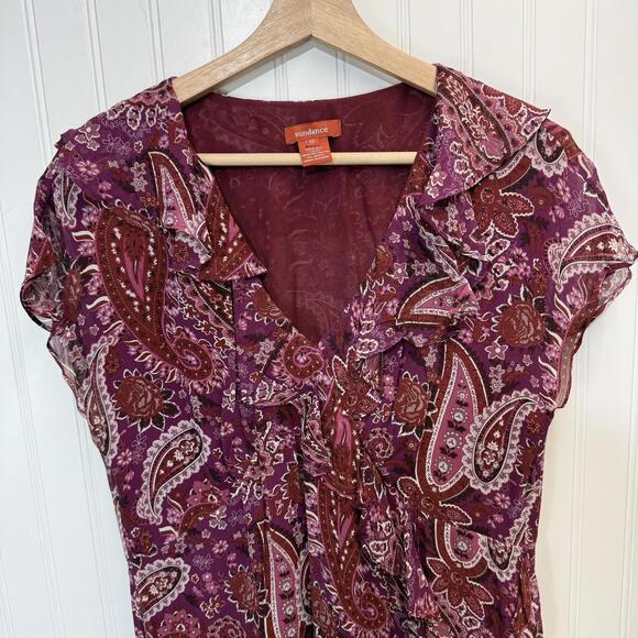 SUNDANCE 100% Silk Burgundy Paisley Ruffle Flutter Tier Maxi Dress 12 Boho Sheer - Picture 7 of 9